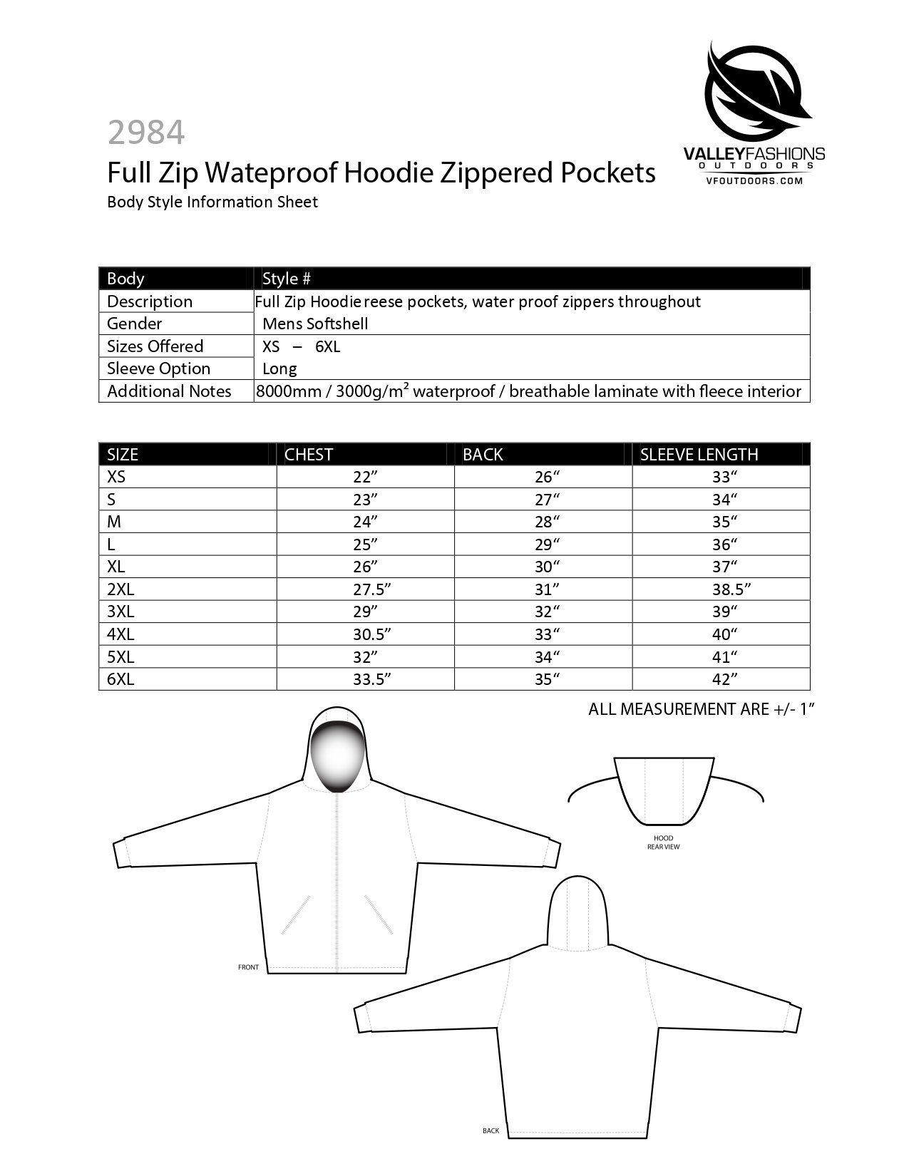 full zip hoodie sizing